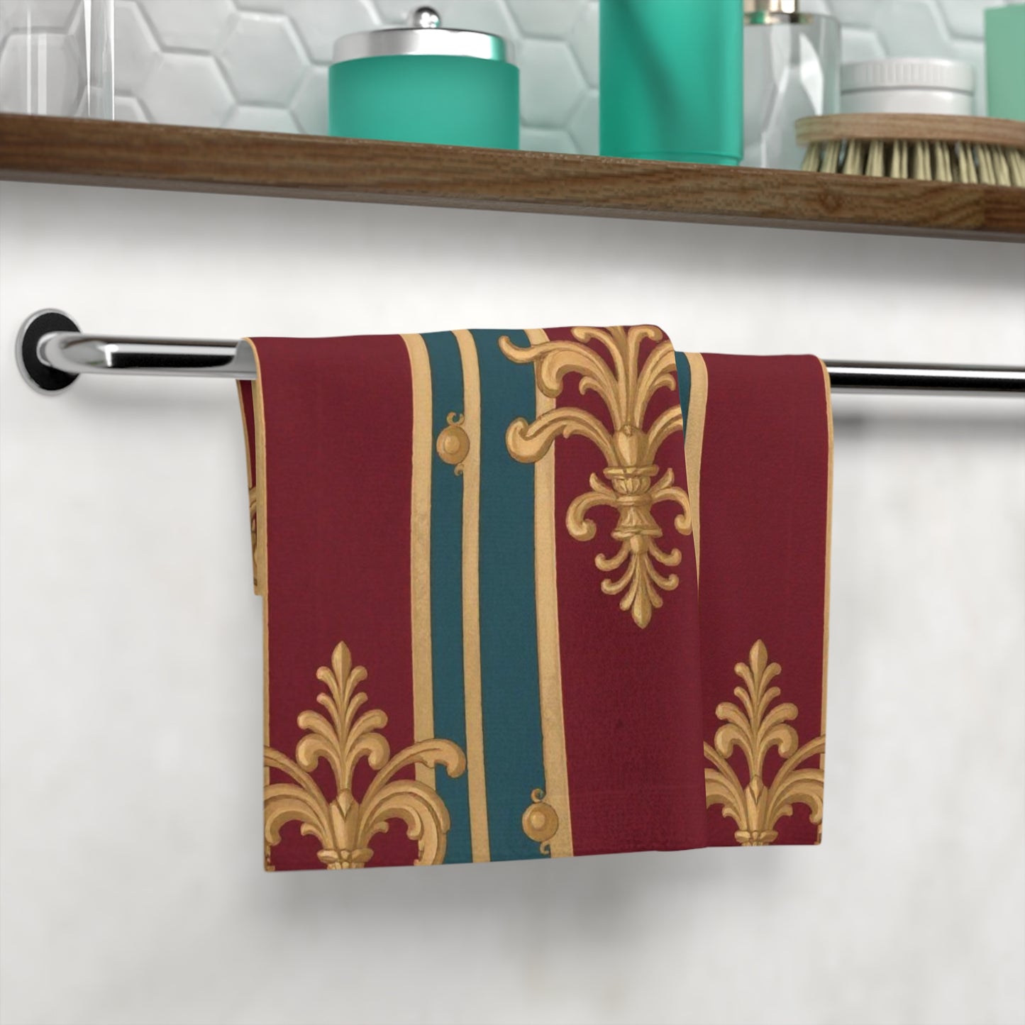 Luxurious Decorative Face Towel, Elegant Gifts, Bathroom Decor, Spa Accessories, Hostess Gifts - Burgundy Striped Gold Baroque