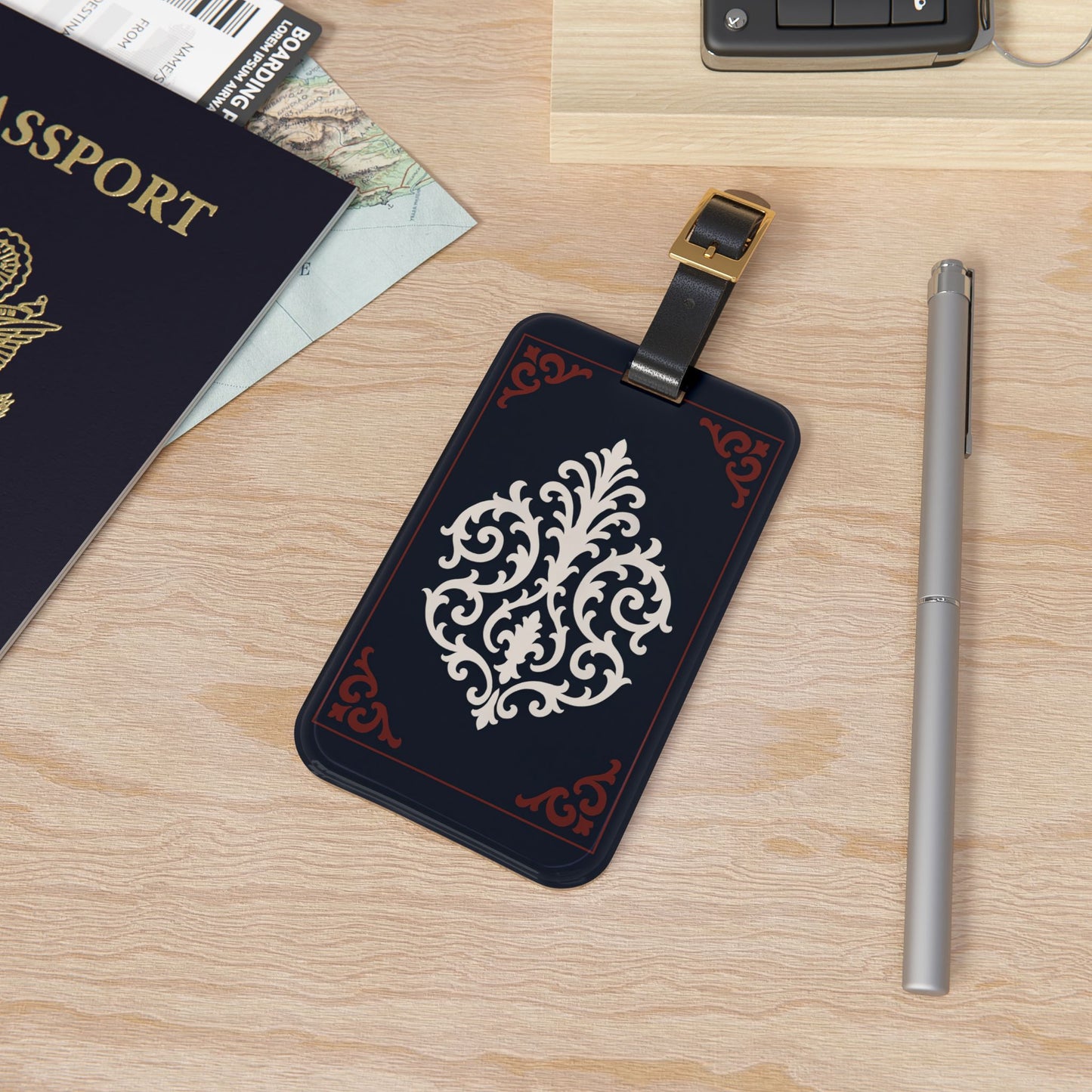 Dusk Blue-Maroon & White Baroque Luggage Tag — Vintage Dusk Blue & White Travel ID
