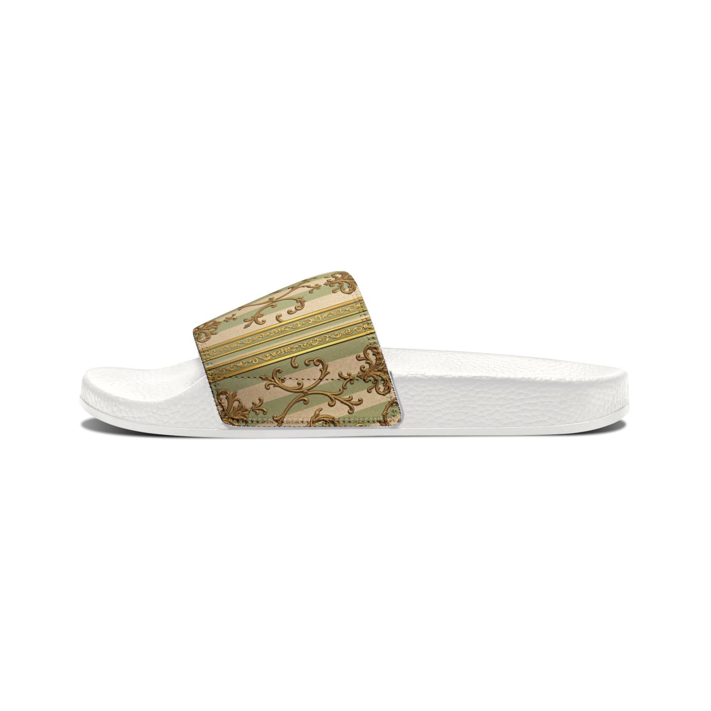 Chic Women's Sandals, Fashion Slip-On Sandals, Summer Flats, Trendy Beach Sandals, Stylish Casual Footwear - Mint & Beige Striped Gold Baroque