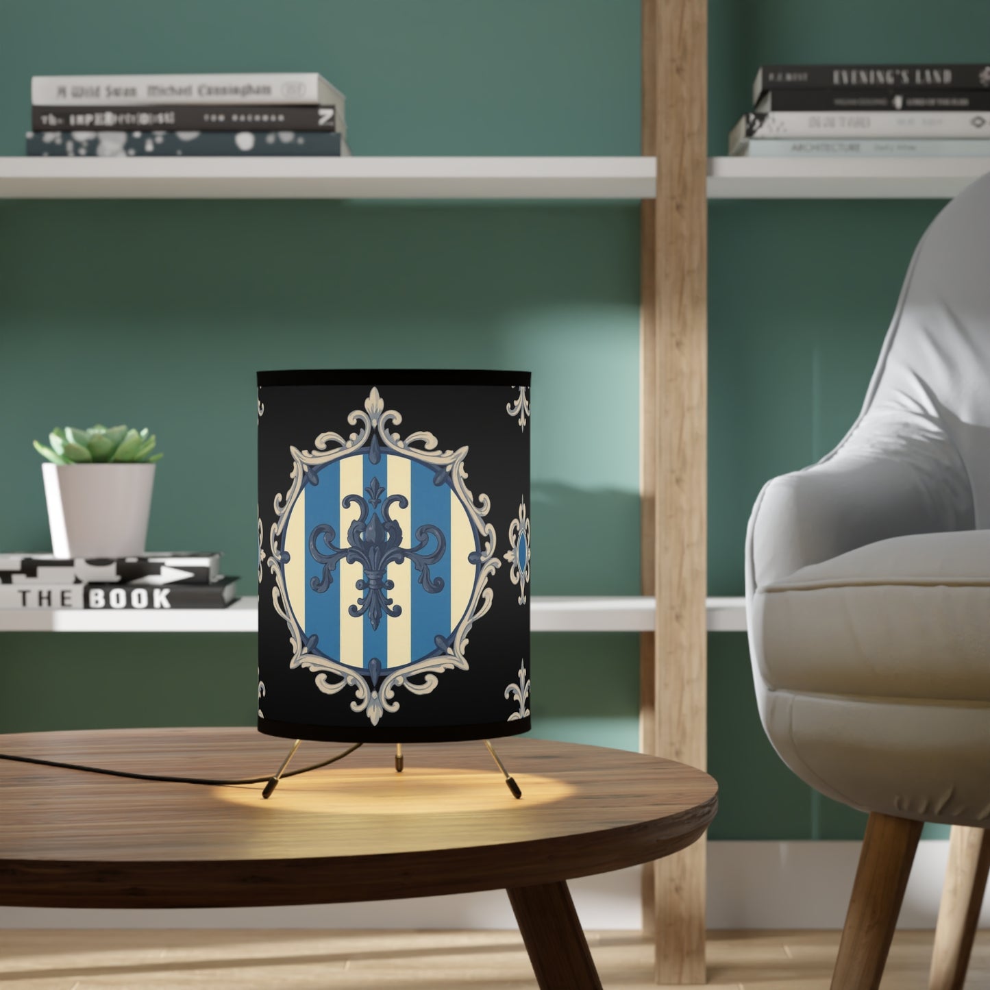 Stylish Blue & Alabaster Striped Baroque Tripod Lamp with Elegant High-Res Shade - Home Décor Light for Living Room, Bedroom, Unique Gift