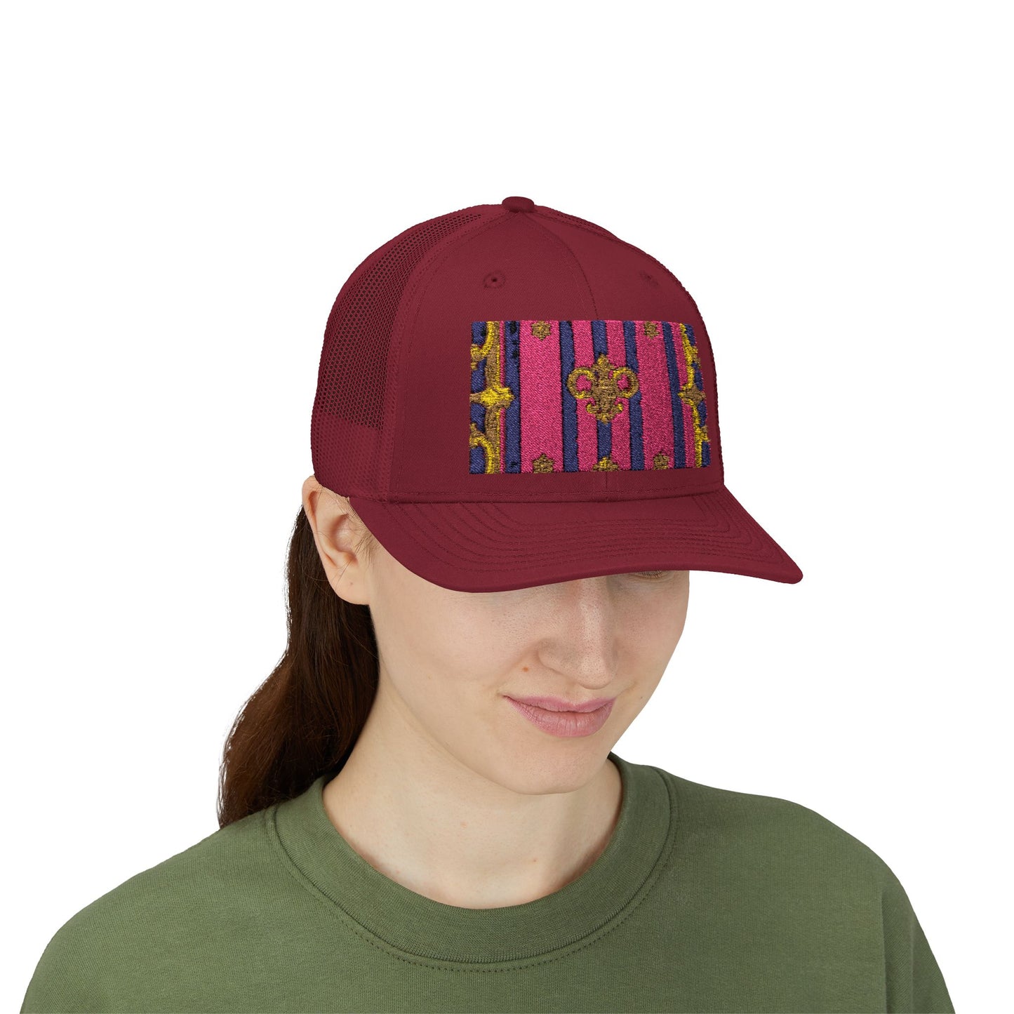 Vibrant Snapback Trucker Cap, Stylish Outdoor Hat, Trendy Fashion Accessory, Gift for Him or Her - Pink Striped Gold Baroque