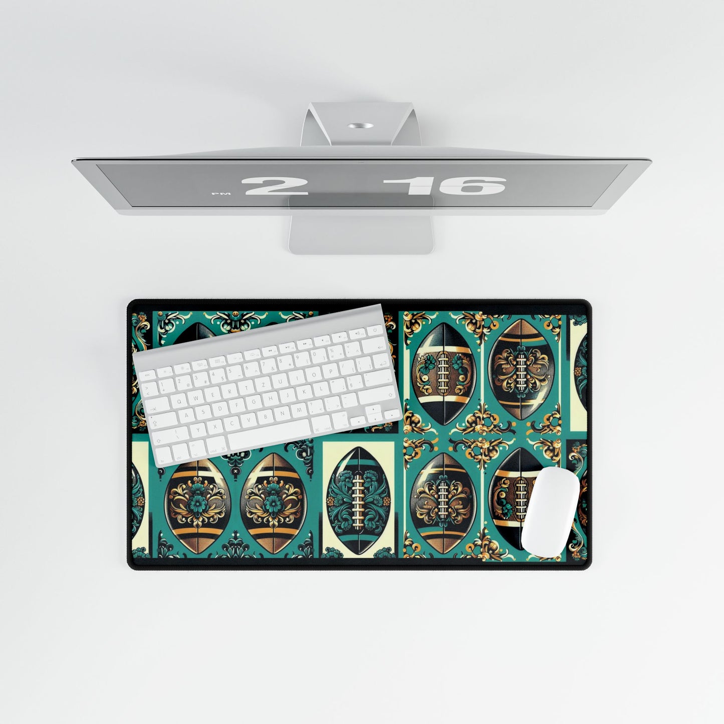 Desk Mat - Elegant Floral Motif for Home Office Decor - Teal, Gold & Black Damask Footballs