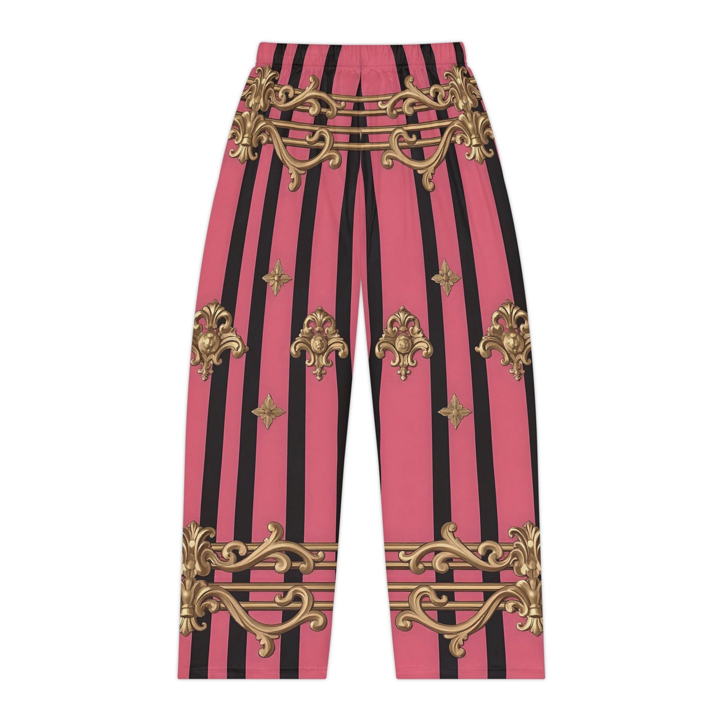 Chic Women's Pajama Pants, Luxurious AOP Sleepwear, Elegant Lounge Pants, Stylish Bedtime Wear, Cozy Gift for Her - Pink Striped Gold Rococo