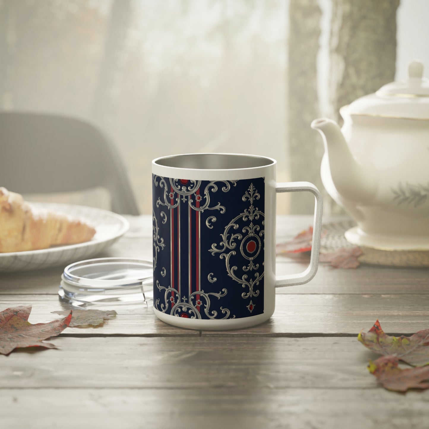 Elegant Insulated Coffee Mug - 10oz, Decorative Travel Tumbler, Stylish Drinkware, Gift for Coffee Lovers - Blue & Red Striped Silver Baroque