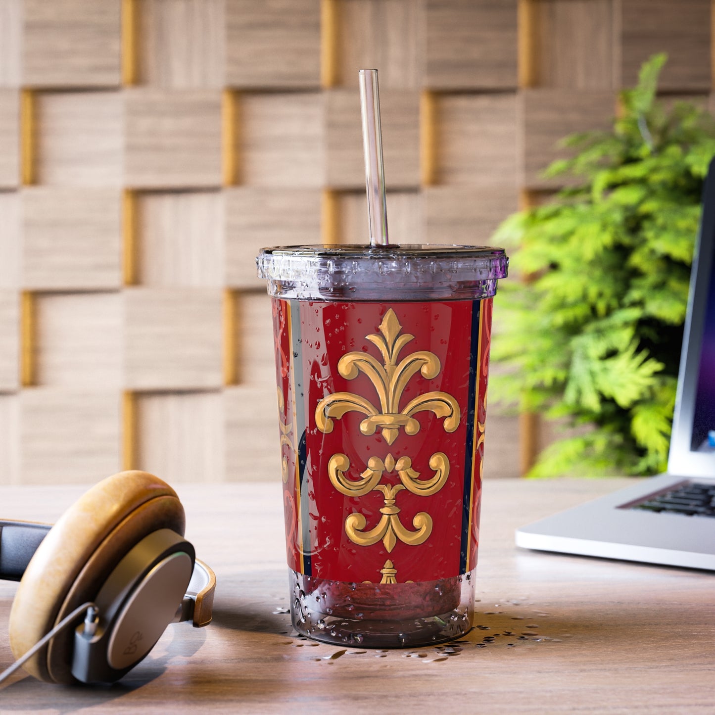 Elegant Acrylic Travel Cup with Gold Floral Design, Personalized Tumbler, Insulated Cup for Hot/Cold Beverages - Midnight Blue & Dusk Red Gold Baroque