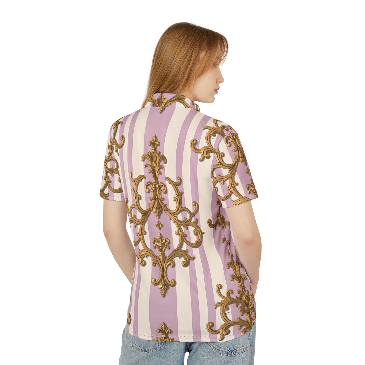 Elegant Vintage-Style Unisex Polo Shirt, Casual Outfit, Summer Wear, Gift for Her or Him, Retro Fashion - Lilac & Alabaster Striped Gold Baroque