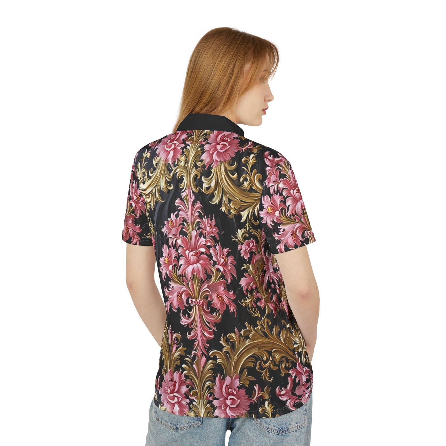 Floral Elegance Unisex Polo Shirt, Stylish Casual Wear, Trendy Summer Attire, Floral Pattern Shirt - Black & Pink Oil Painting Style Rococo