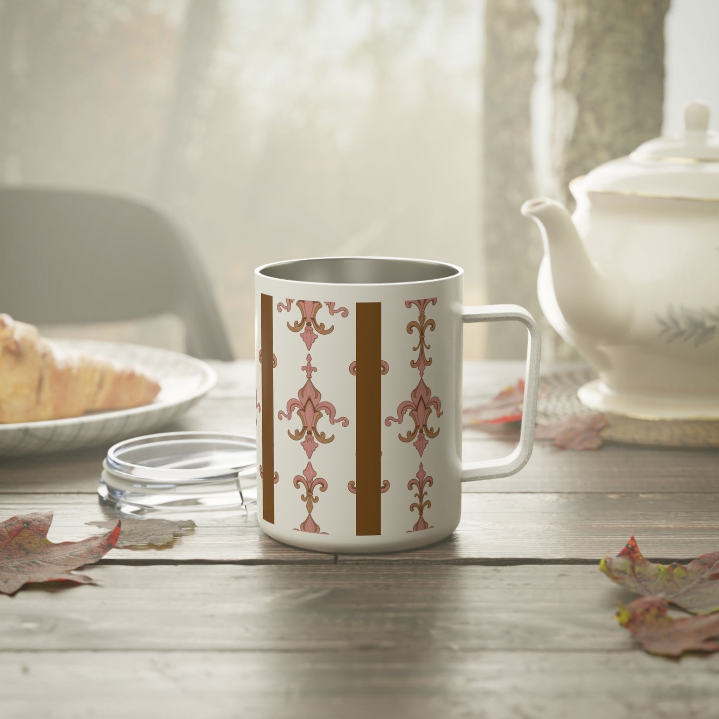 Elegant Floral Insulated Coffee Mug | Stylish Travel Cup, Morning Brew, Gift for Her, Unique Decor, Coffee Lover's Delight - Brown Striped Pink Arabesque