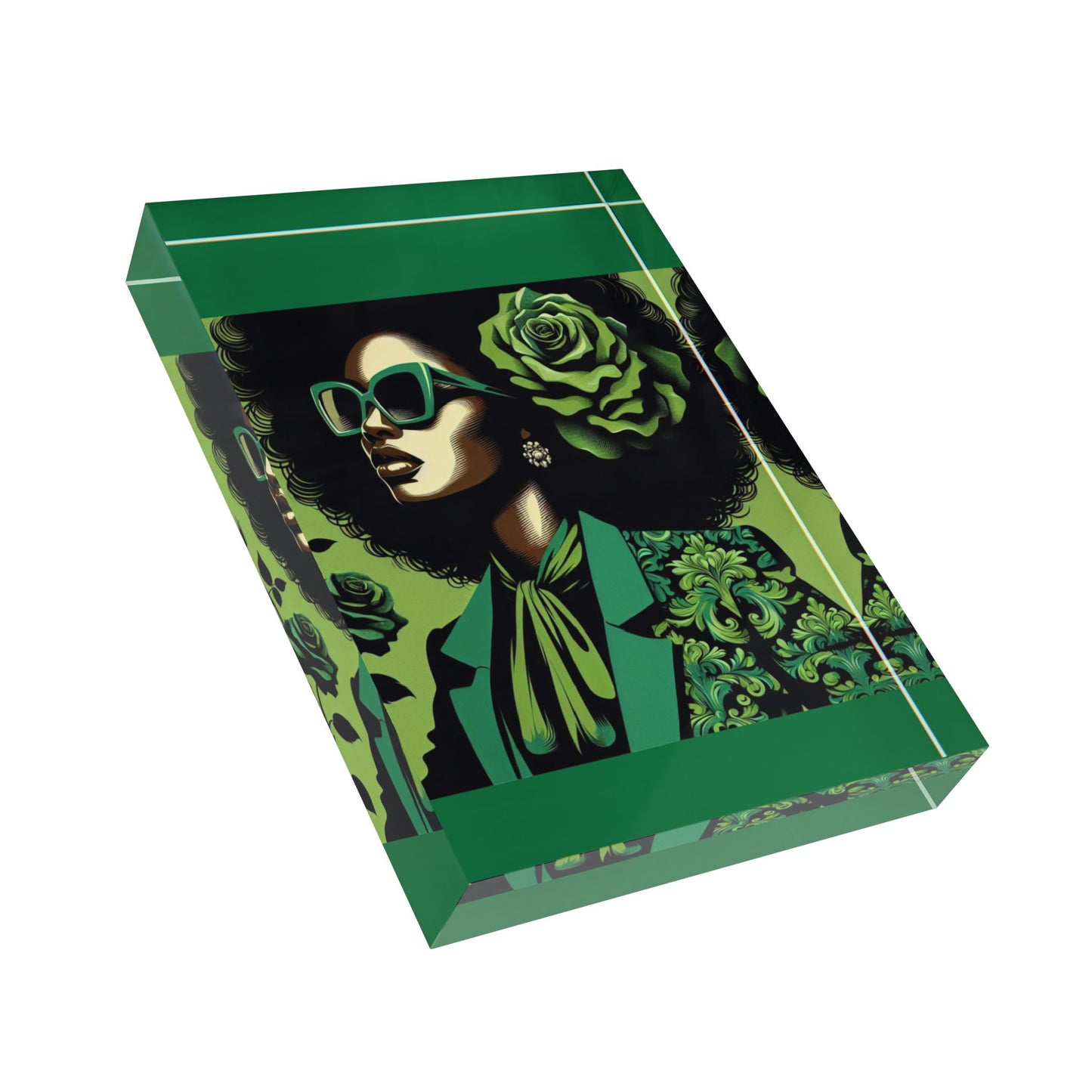 Chic Photo Block Art Display, Elegant Home Decor, Gift for Art Lovers, Modern Office Decor - Lady in Green Damask