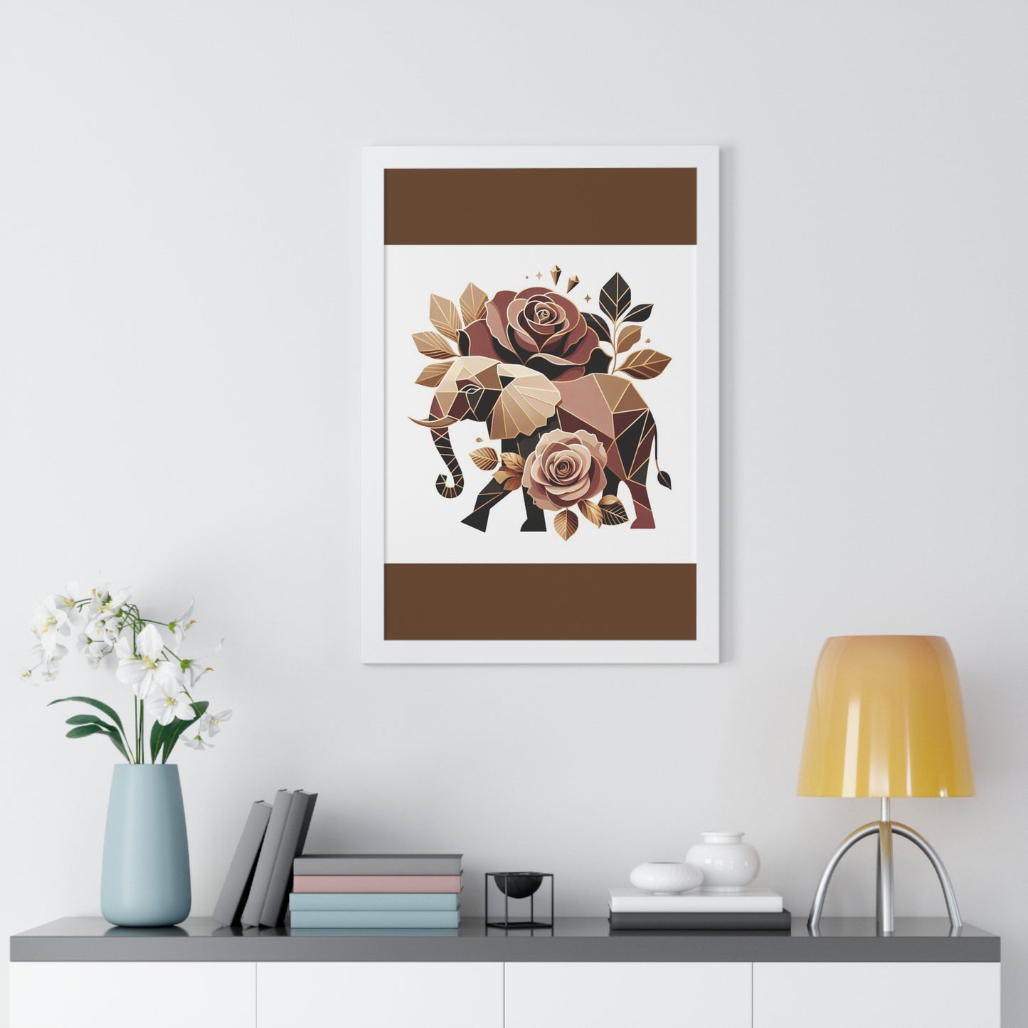 Vertical Poster - Brown & Gold Elephant & Roses Wall Art