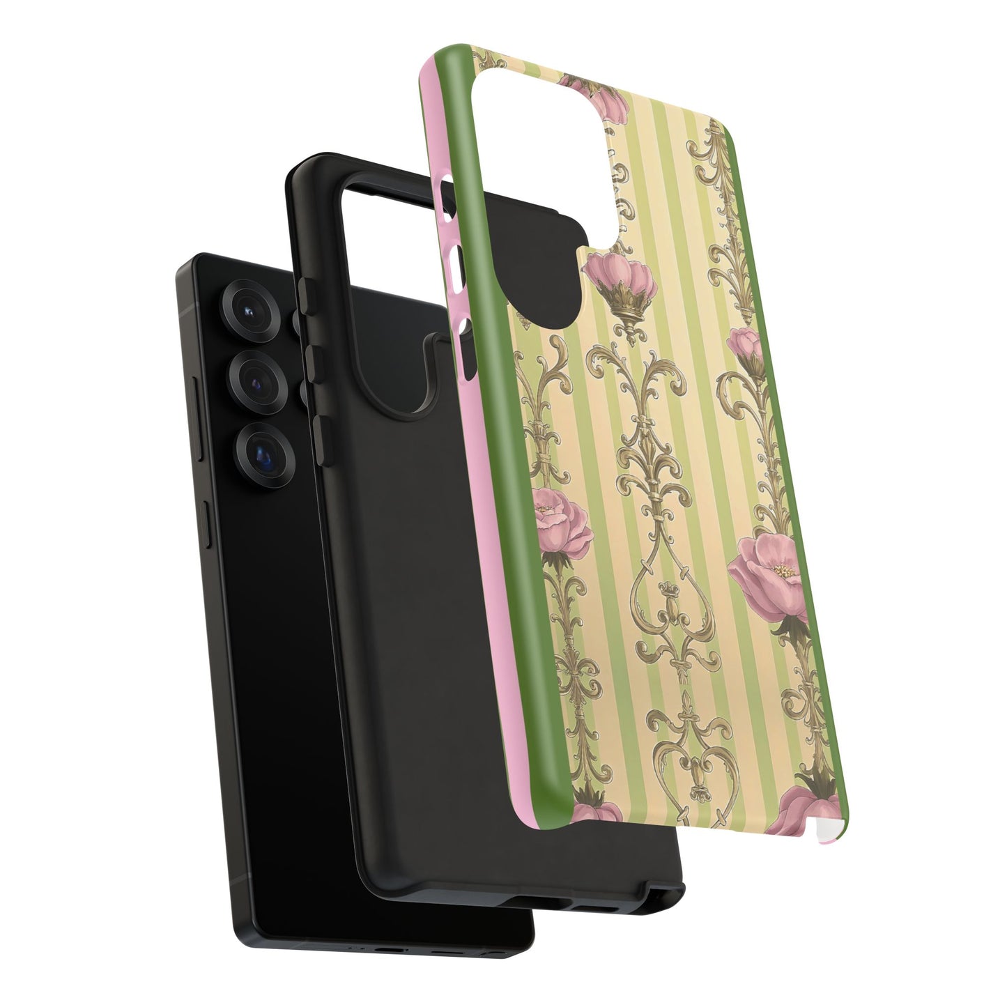 Elegant Floral Motif Phone Case - Tough Cases with Vintage Design - Lime Green & Pink Striped Damask