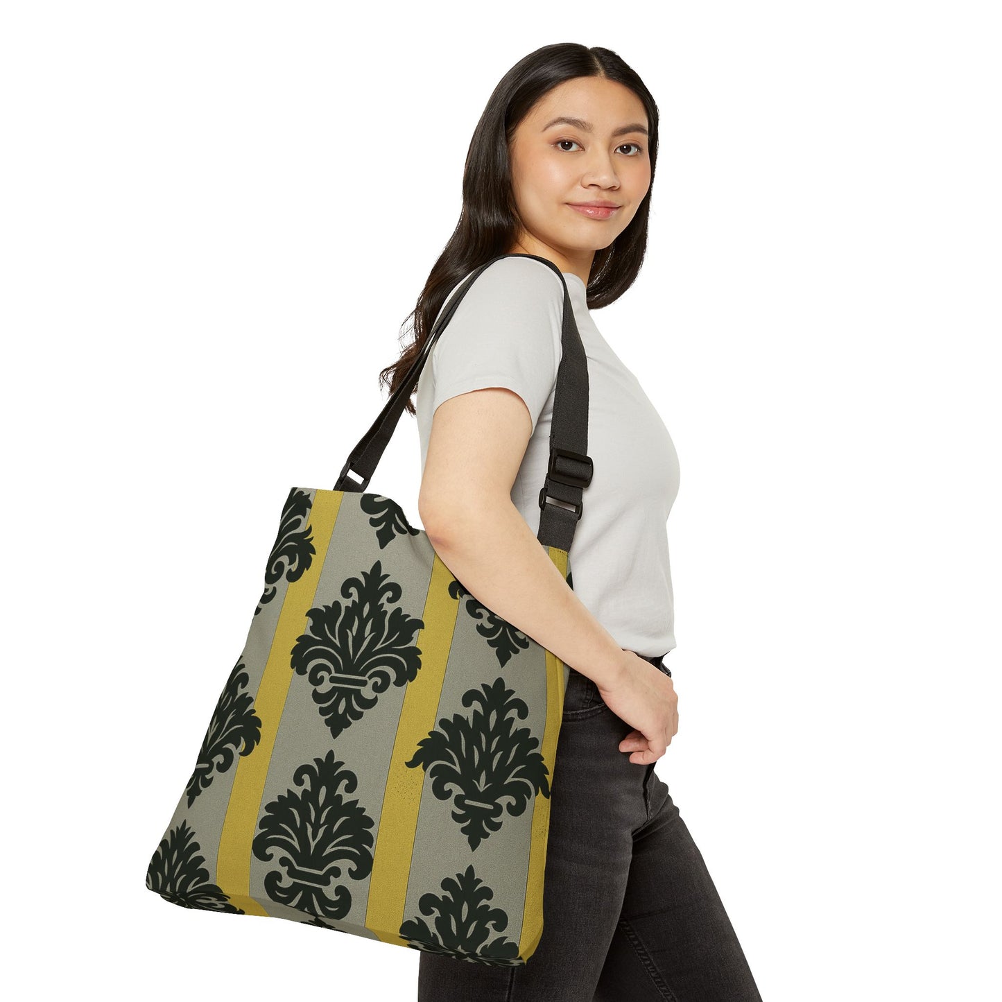 Elegant Vintage Baroque Adjustable Tote Bag | Perfect for Everyday Use, Gift Ideas, Fashion Accessory - Silver & Gold Striped Black Baroque