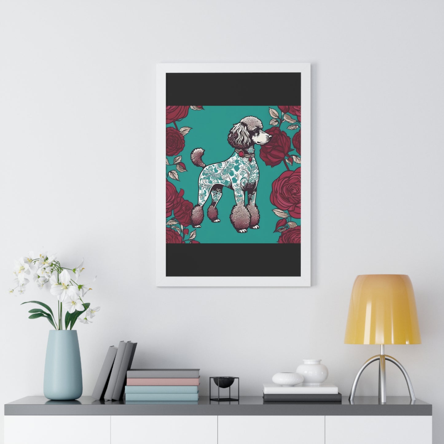 Vertical Poster - Stylish Framed - Art for Home Decor - Damask Aqua & White Poodle With Burgundy Roses
