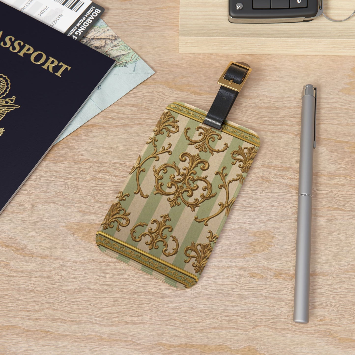 Elegant Vintage Luggage Tag - Travel Accessory, Personalized Baggage Tag, Gift for Travelers - Mint & Beige Striped Gold Baroque