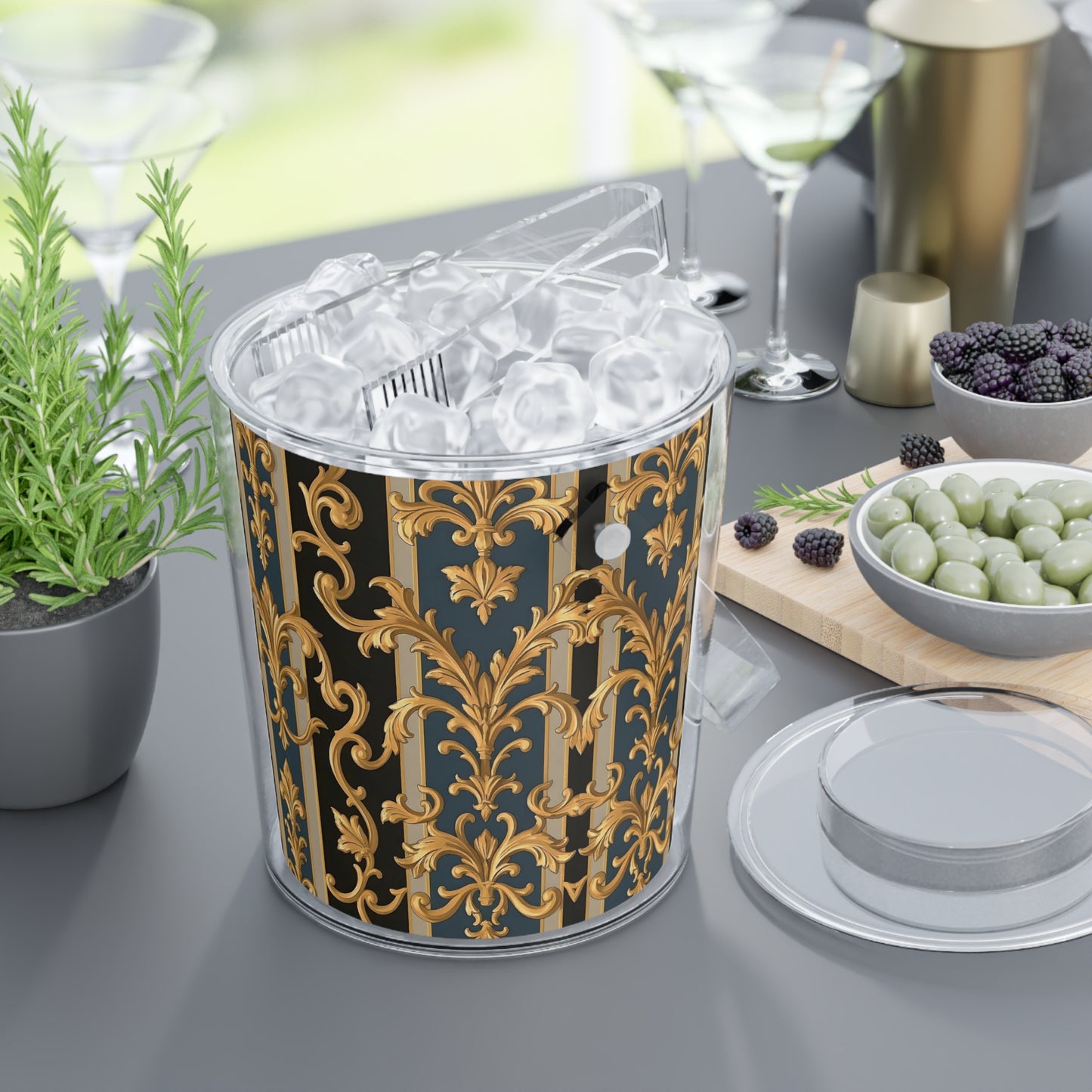 Elegant Vintage Style Ice Bucket with Tongs, Perfect for Entertaining, Parties, Home Bar - Blue & Black Striped Rococo