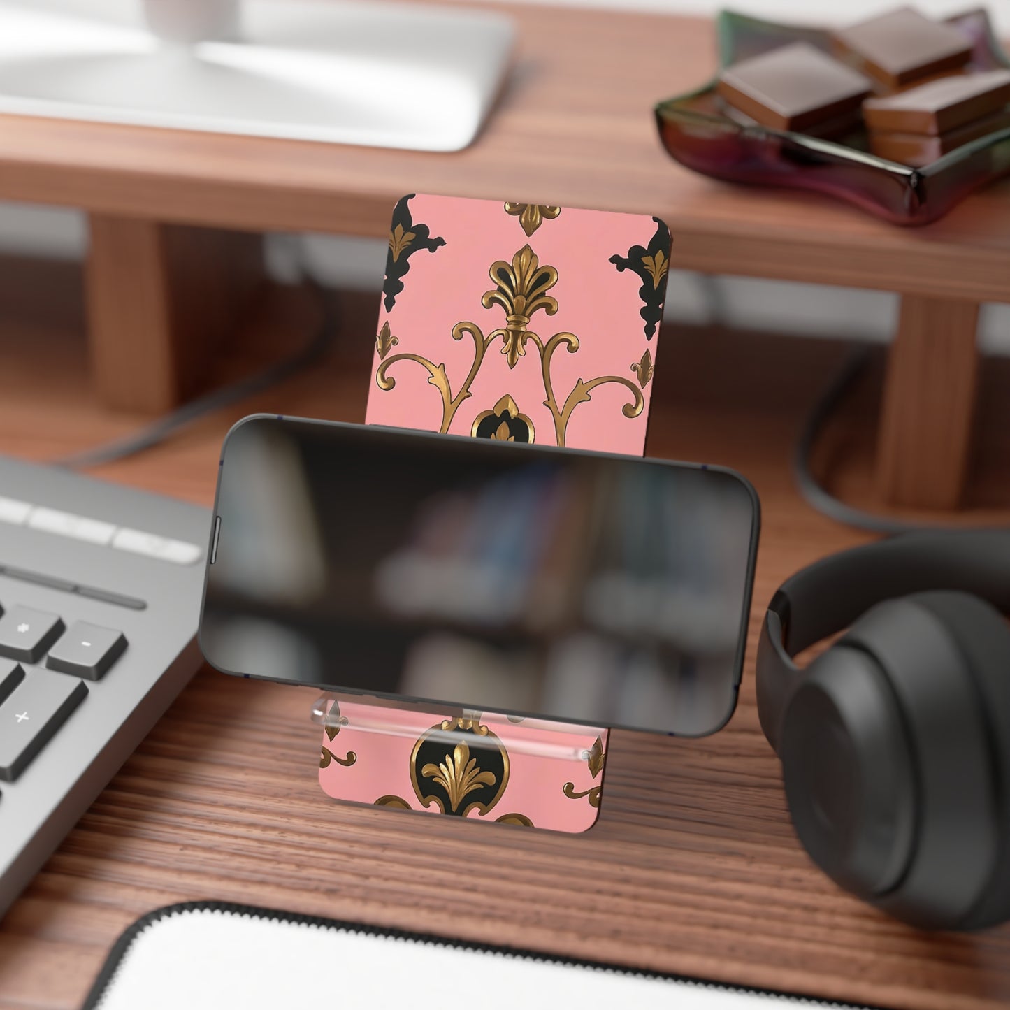 Elegant Smartphone Display Stand, Decorative Phone Holder, Office Desk Accessory, Gift for Her - Pink, Black & Gold Rococo