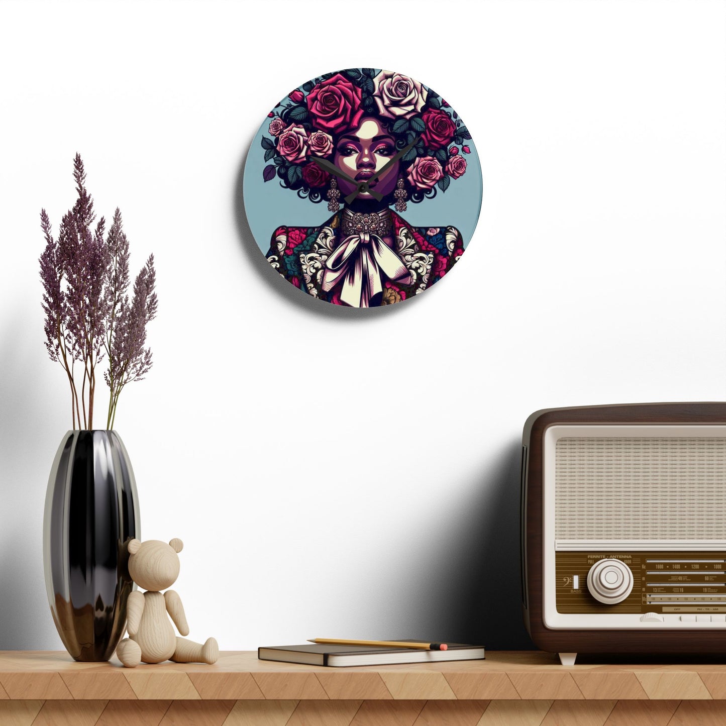 Bohemian Afro-Inspired Acrylic Wall Clock with Floral Design - Lady In Damask Suit & Roses Design