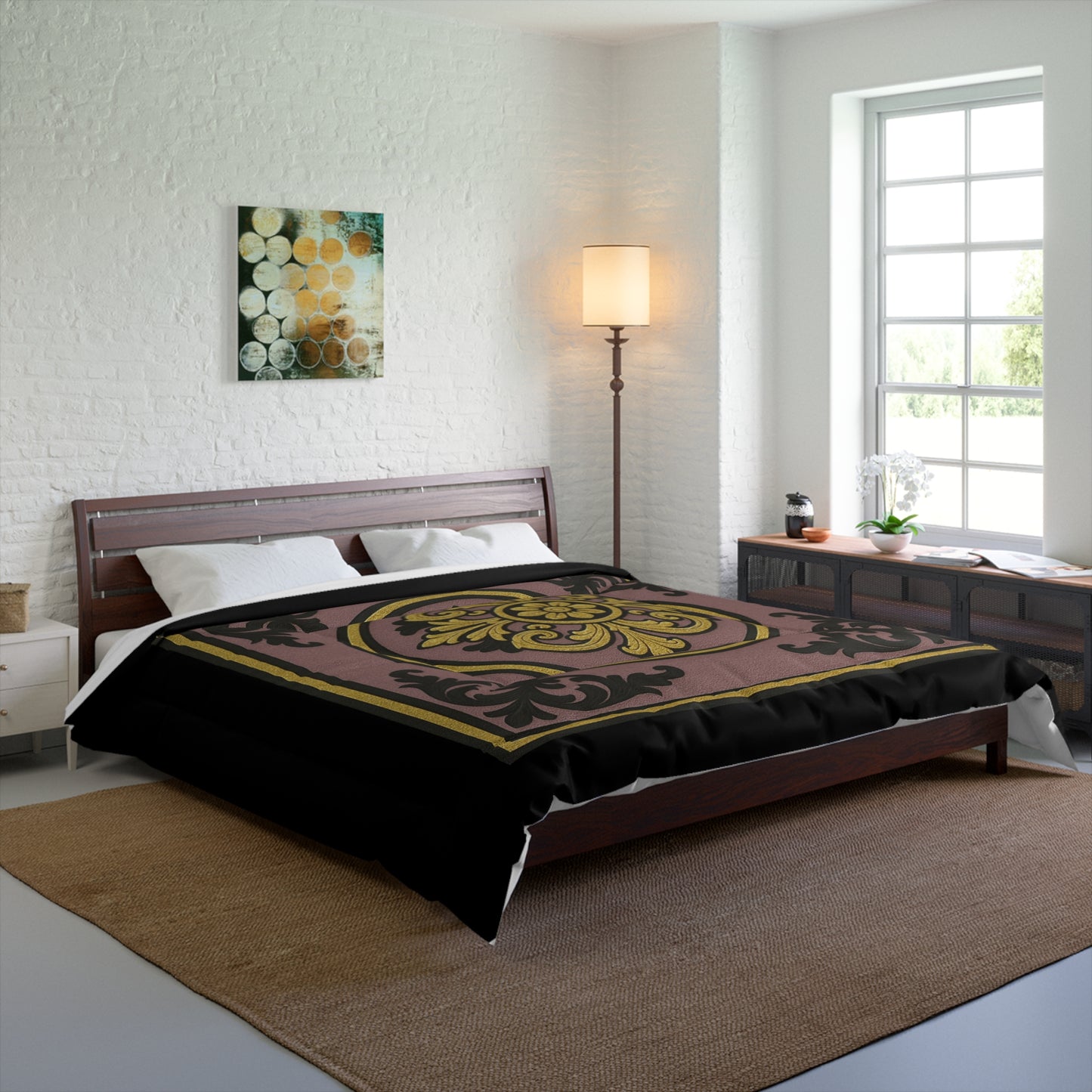 Elegant Gilded Mauve With Gold-Black Baroque Pattern Comforter, Cozy Bedding, Home Decor, Bedroom Makeover, Gift for Her