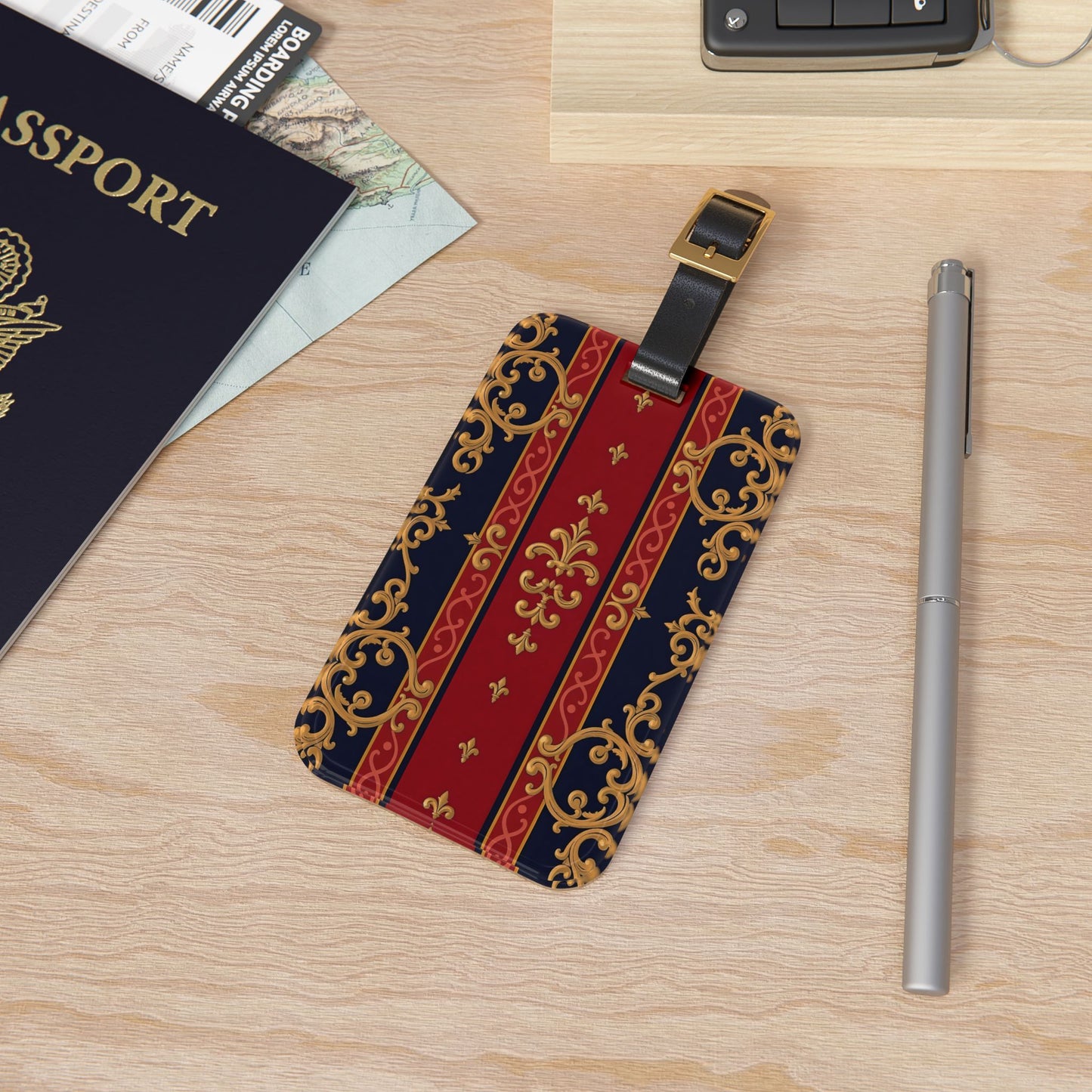 Elegant Travel Luggage Tag | Floral Design, Personalized Gift, Bag Identifier, Travel Accessory, Vacay Essentials - Midnight Blue & Dusk Red Gold Baroque