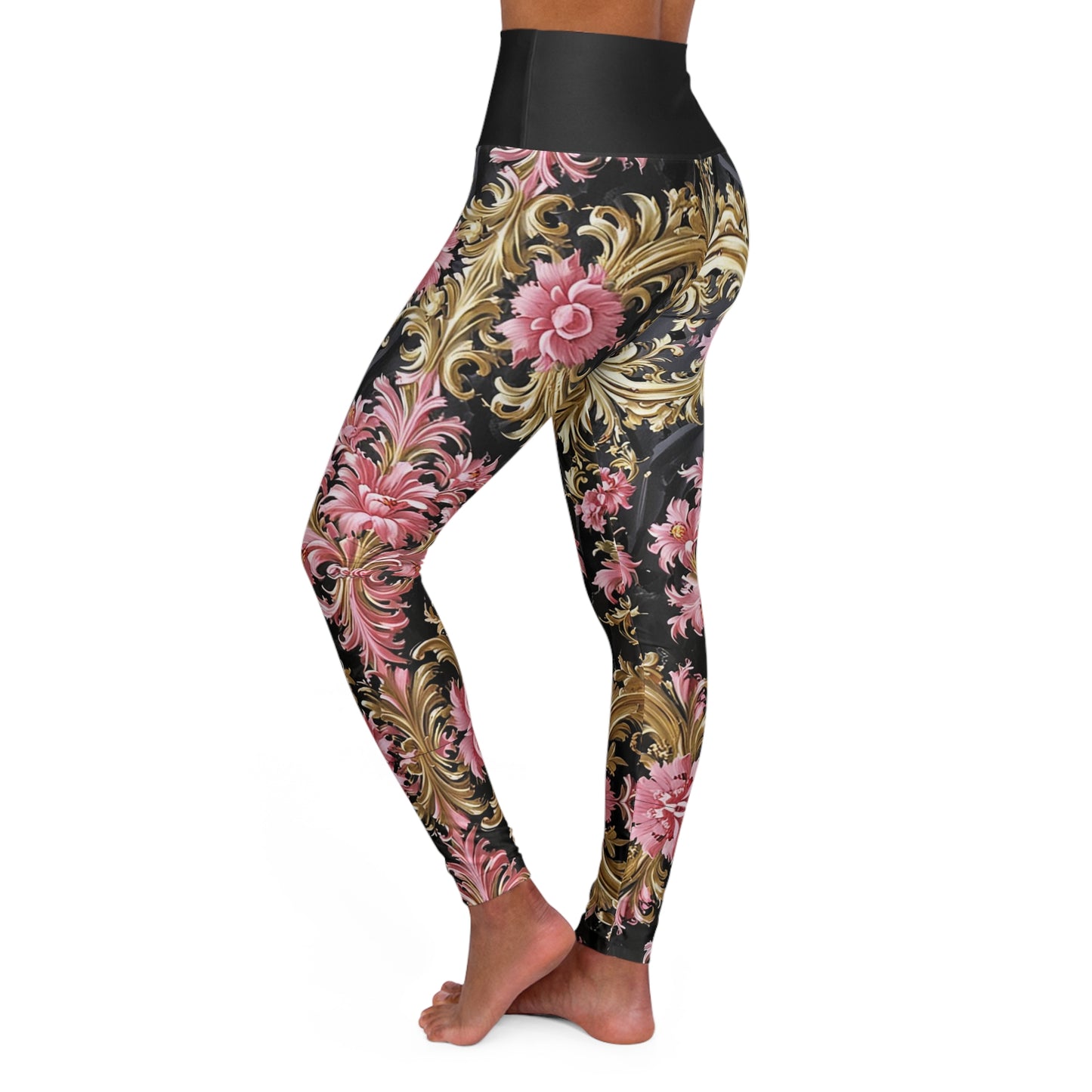 Chic Floral High Waisted Yoga Leggings, Activewear, Fitness Apparel, Exercise Pants, Yoga Gear, Gift for Her - Black & Pink Oil Painting Style Rococo