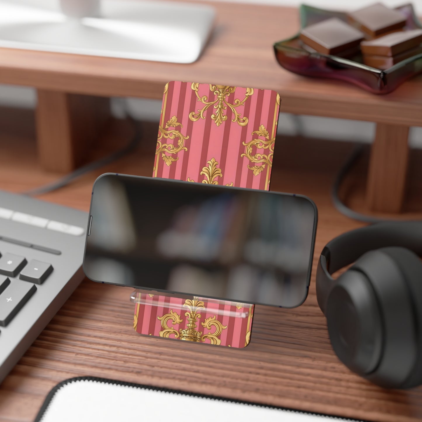 Elegant Smartphone Display Stand, Decorative Phone Holder, Chic Desk Accessory, Stylish Gift for Her - Pink Striped Gold Baroque