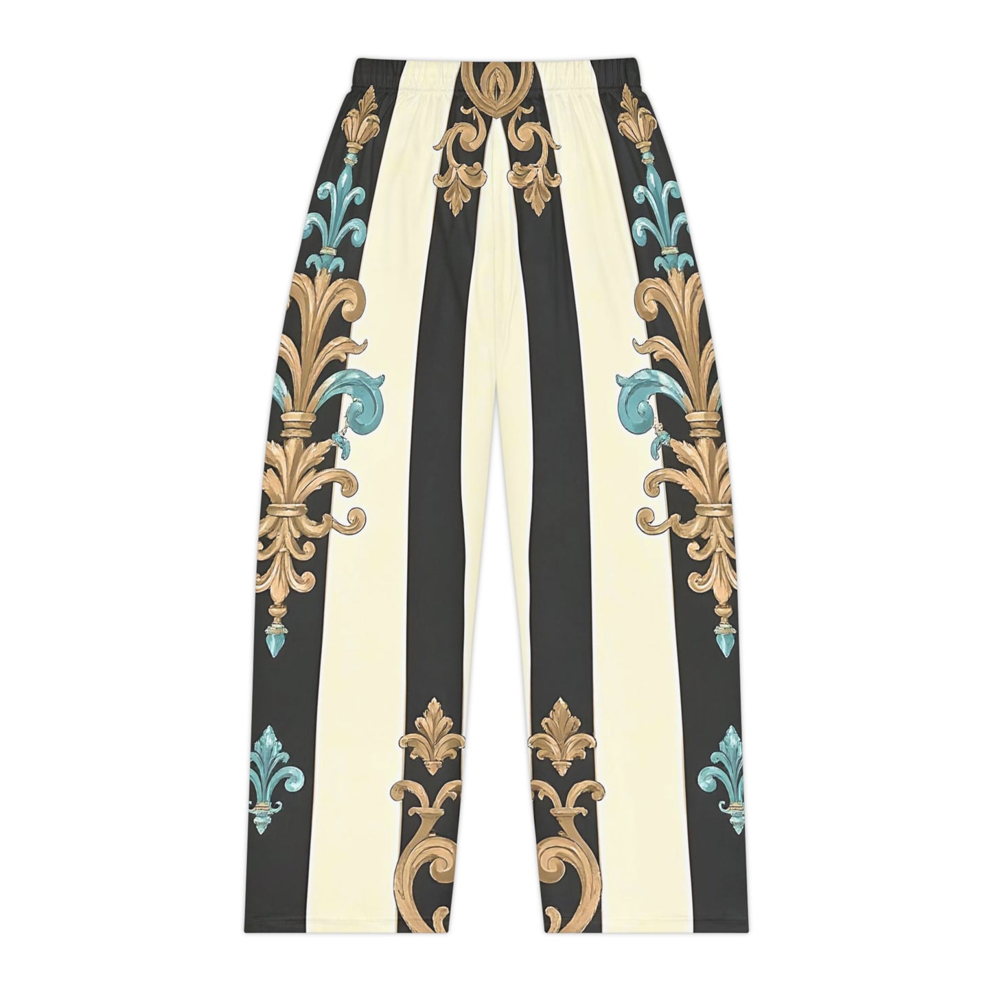 Elegant Floral Women's Pajama Pants, Stylish Loungewear, Cozy Sleepwear, Perfect Gift for Her - Black Striped Turquoise & Black Rococo