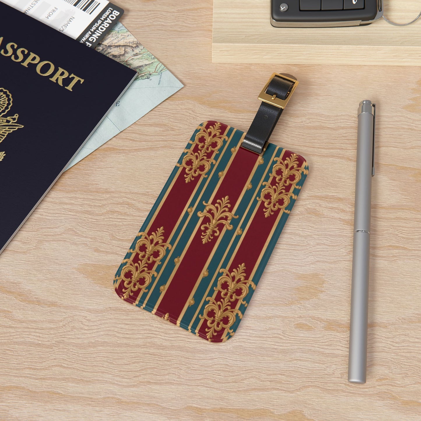 Elegant Vintage Luggage Tag | Travel Accessory, Gift for Travelers, Unique Luggage Identifier, Airline Bag Tag - Burgundy Striped Gold Baroque