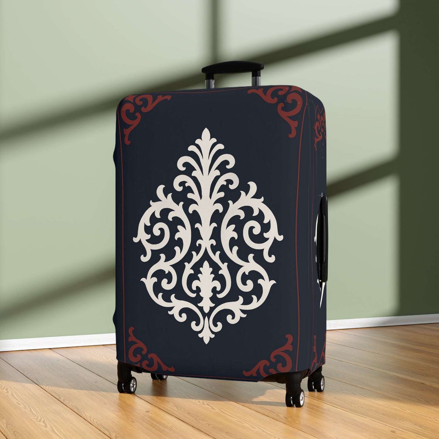 Dusk Blue-Maroon & White Baroque Luggage Cover — Dusk Blue & White Travel Protector