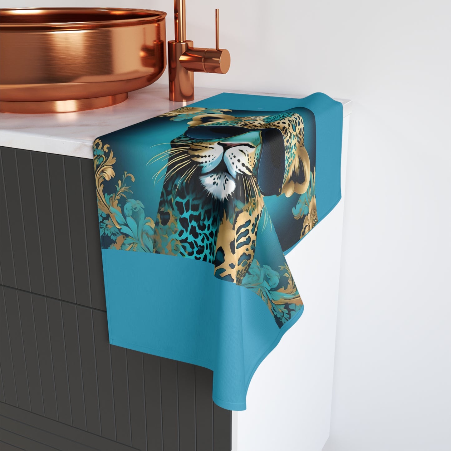 Hand Towel - Luxurious Ornate Elegant Aqua & Gold Leopard In Sunglasses Design - Elegant Home Décor