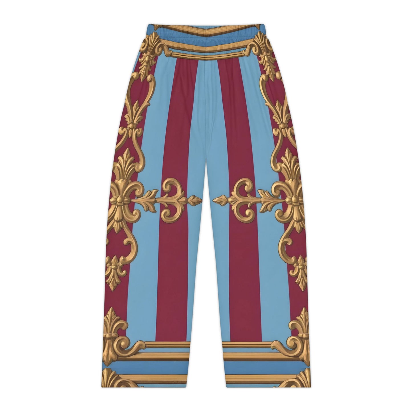 Elegant Women's Pajama Pants - Luxurious AOP Loungewear, Sleepwear, Homewear, Gift for Her - Sky Blue & Maroon Striped Baroque