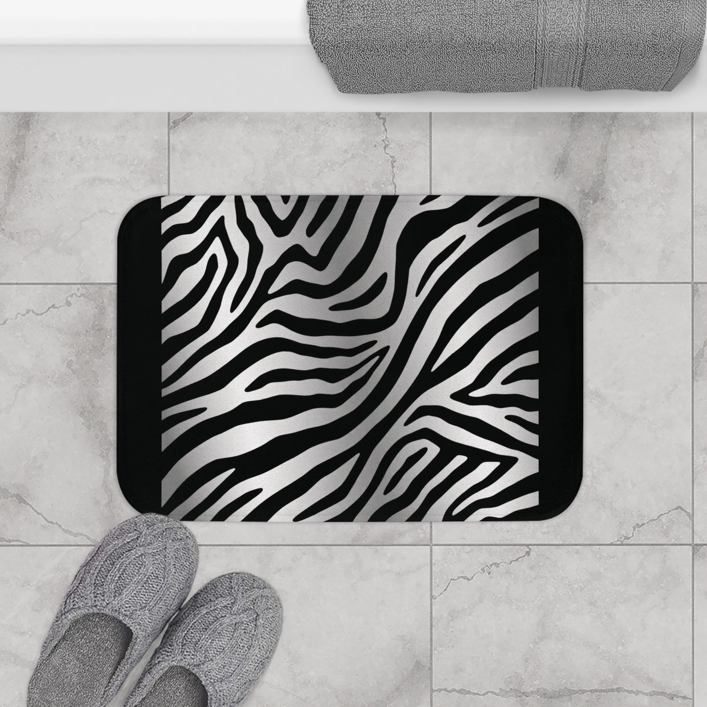 Stylish Zebra Print Bath Mat - Modern Bathroom Decor - Black Trim