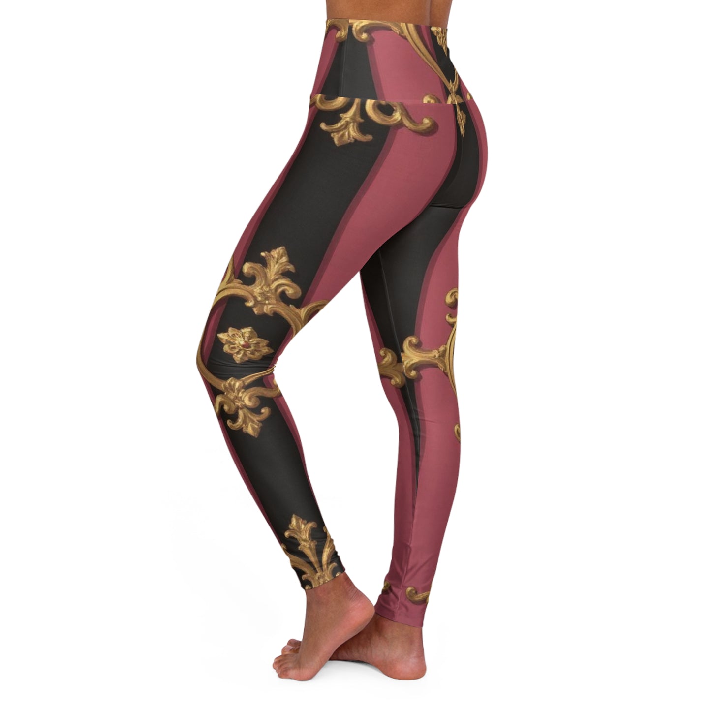 Elegant Black & Mauve Striped Gold Baroque High Waisted Yoga Leggings, Stylish Workout Leggings, Fashionable Athletic Wear