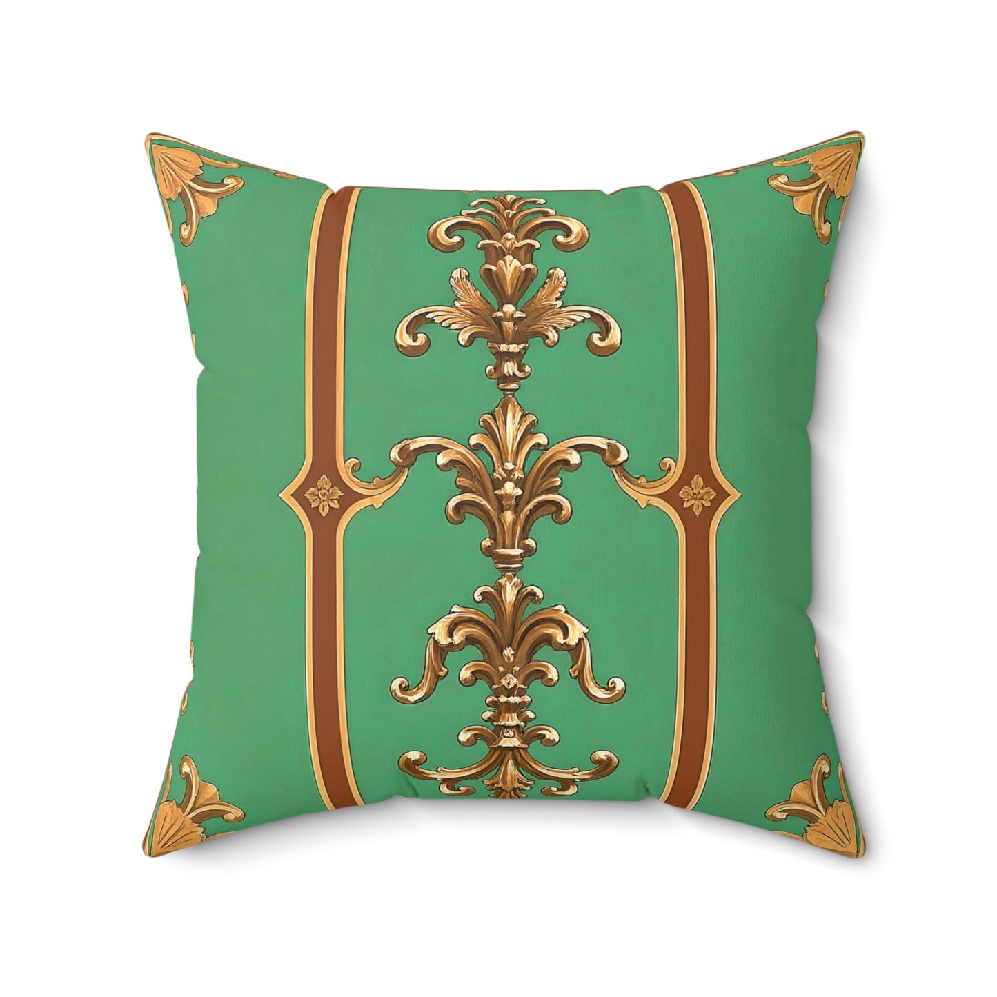 Elegant Faux Suede Square Pillow with Vintage Gold Design - Rust & Green Striped Baroque