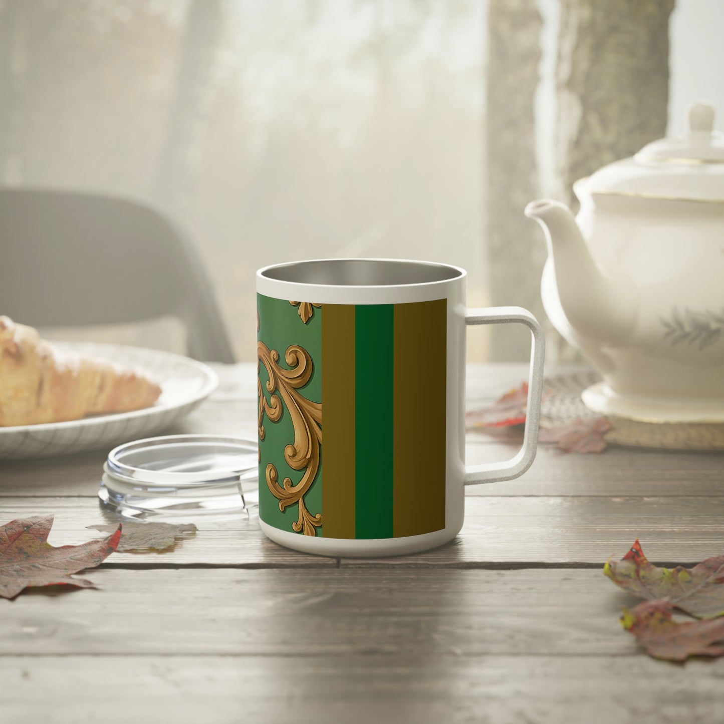 Elegant Insulated Coffee Mug | Luxe Green & Gold Design, Perfect Gift for Tea Lovers, Home Decor, Unique Wedding Favors - Olive Green Striped Rococo