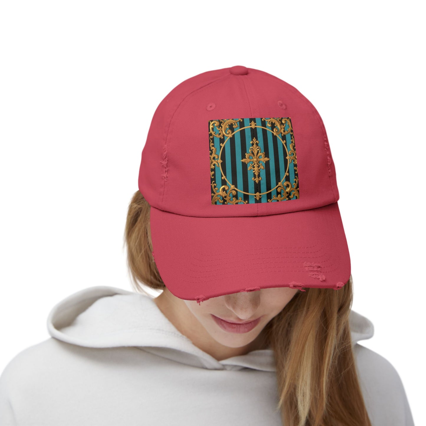 Turquoise & Black Striped Gold Baroque Distressed Cap with Elegant Design, Fashion Accessory for Everyday Wear, Perfect for Festivals, Gifts
