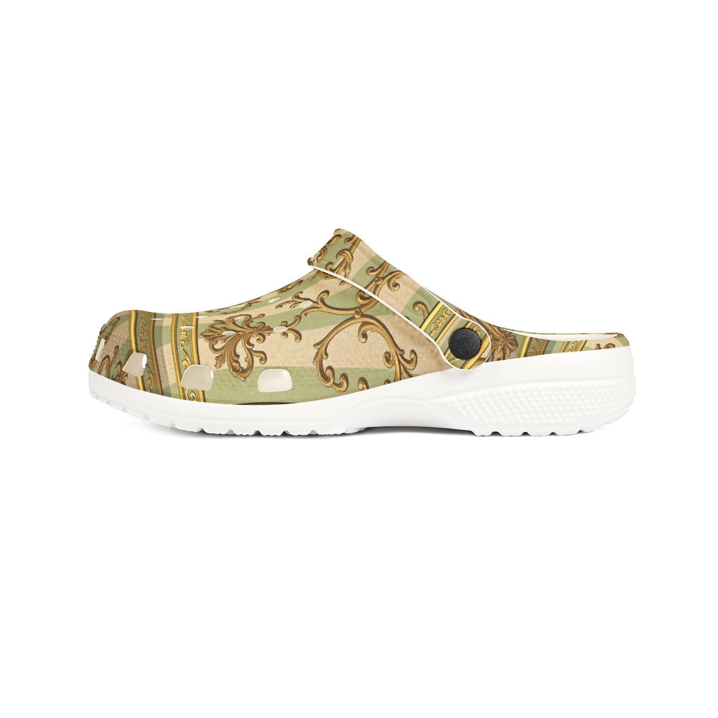 Stylish EVA Foam Clogs with Floral Design, Comfortable Garden Shoes, Unique Fashion Footwear - Mint & Beige Striped Gold Baroque
