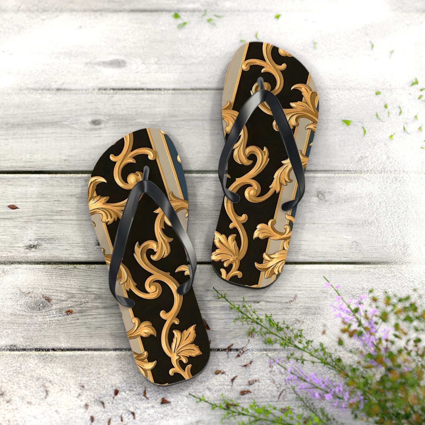 Stylish Flip Flops with Elegant Gold Design, Beachwear, Summer Sandals, Vacation Footwear, Poolside Essentials - Blue & Black Striped Rococo