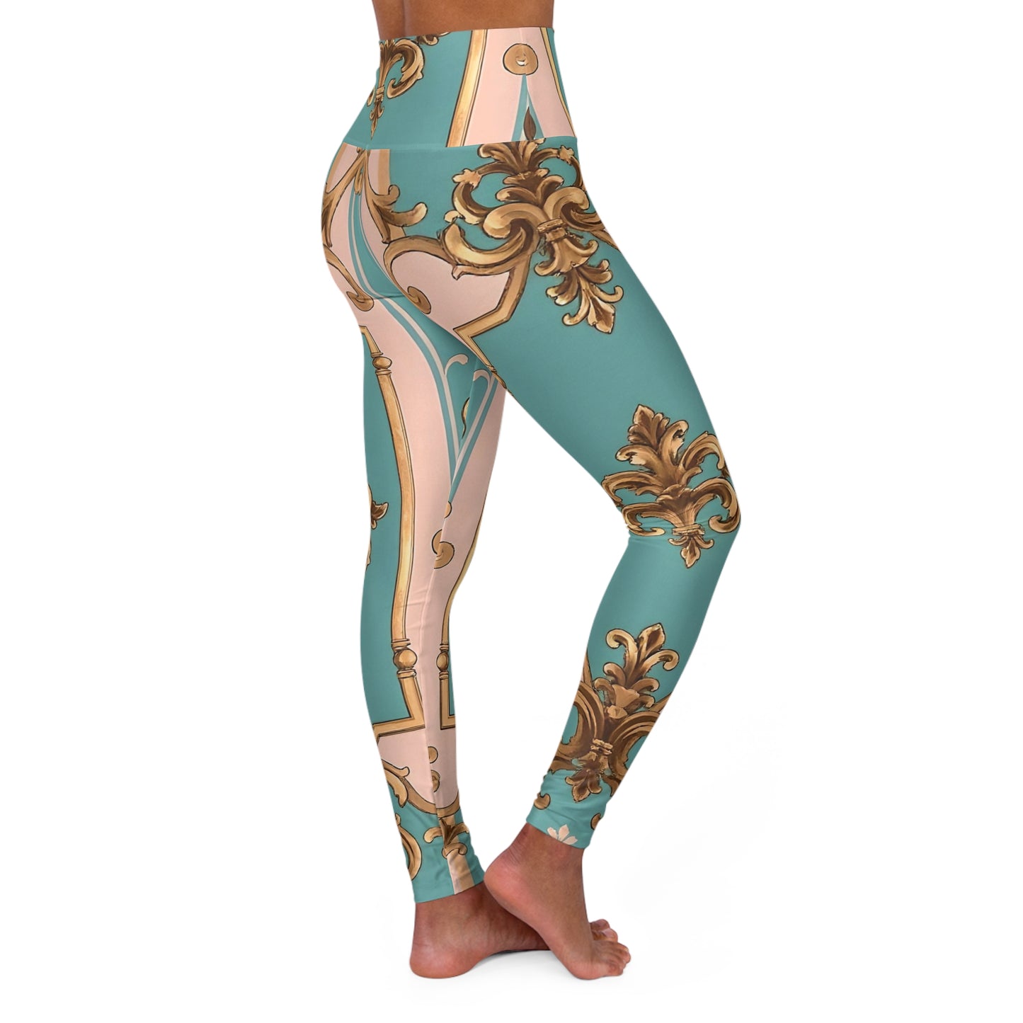 Elegant High Waisted Yoga Leggings - Chic Activewear, Comfortable Workout Pants, Fashionable Leggings - Pink & Matte Turquoise Striped Rococo