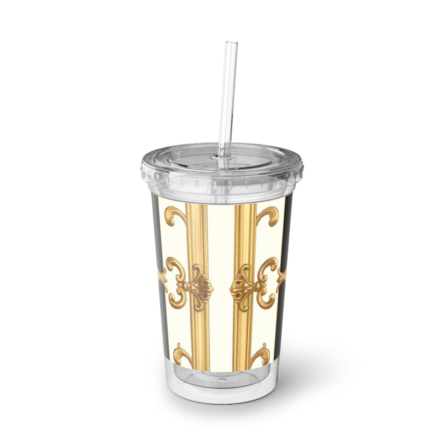 Elegant Gold Accent Acrylic Cup, Insulated Travel Mug, Stylish Coffee Cup, Decorative Tumblers for Gifts - Black & White Striped Gold Baroque
