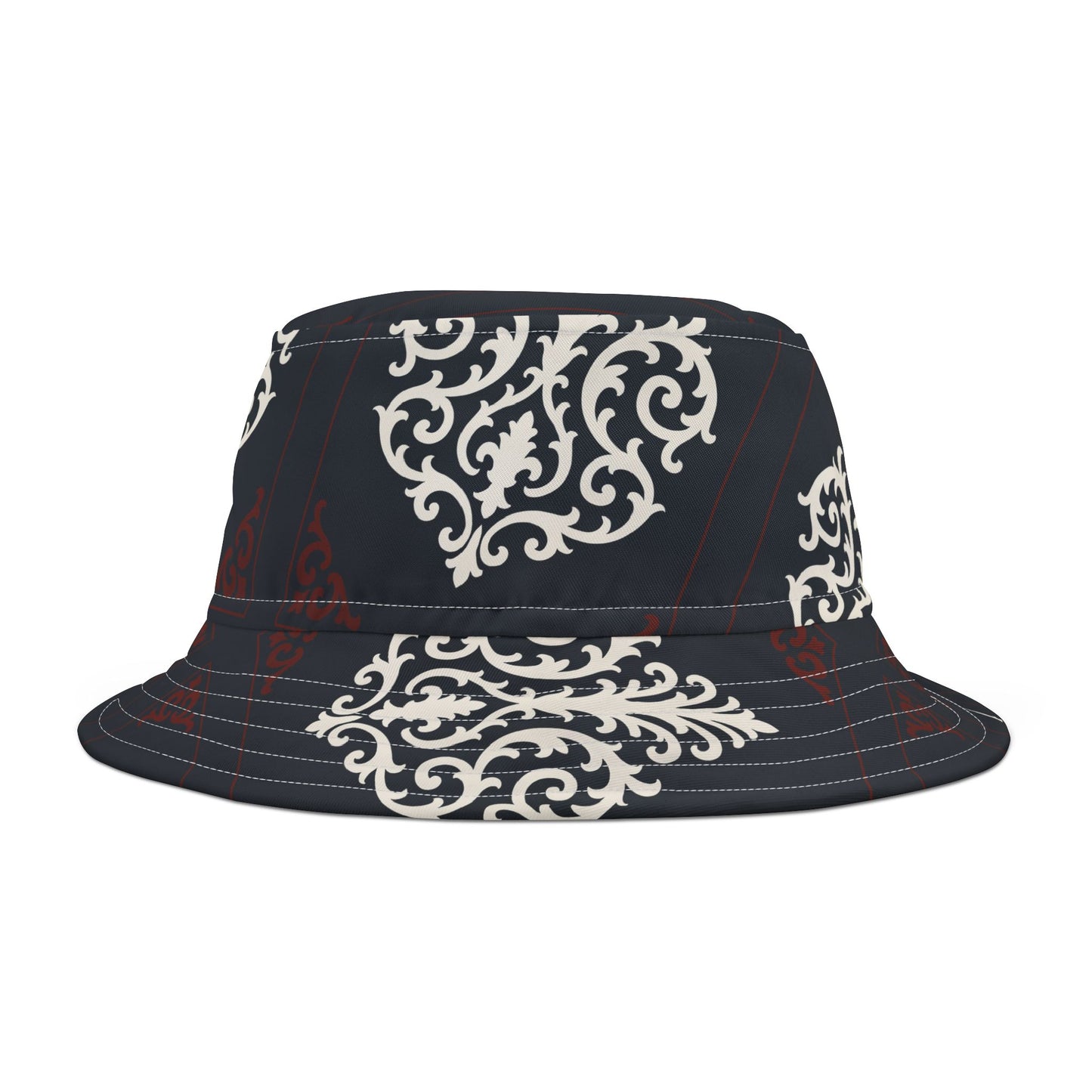 Dusk Blue & Maroon-White Baroque Bucket Hat — Vintage Ornamental Print