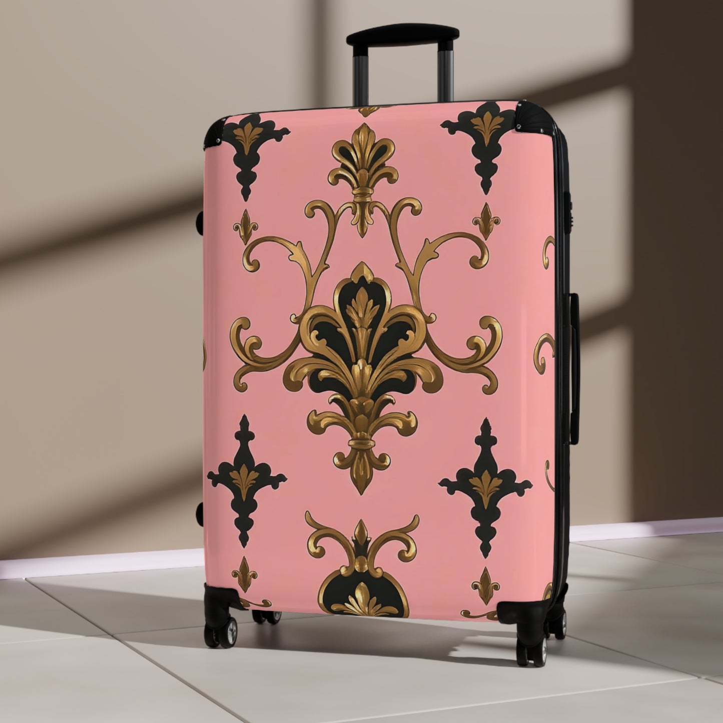 Elegant Pink Floral Suitcase, Travel Luggage, Stylish Carry-On Bag, Personalized Gift for Travelers - Pink, Black & Gold Rococo
