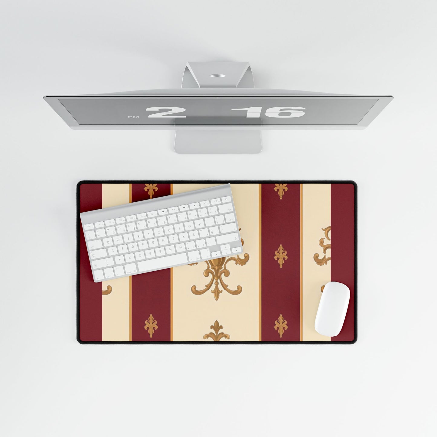 Elegant Floral Motif Desk Mat for Home Office Decor - Dusk Red Striped Gold Damask