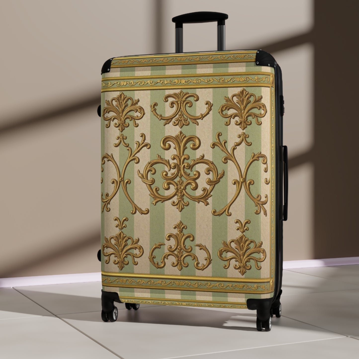 Elegant Travel Suitcase with Vintage Design, Stylish Luggage for Travelers, Perfect Gift for Holidays - Mint & Beige Striped Gold Baroque