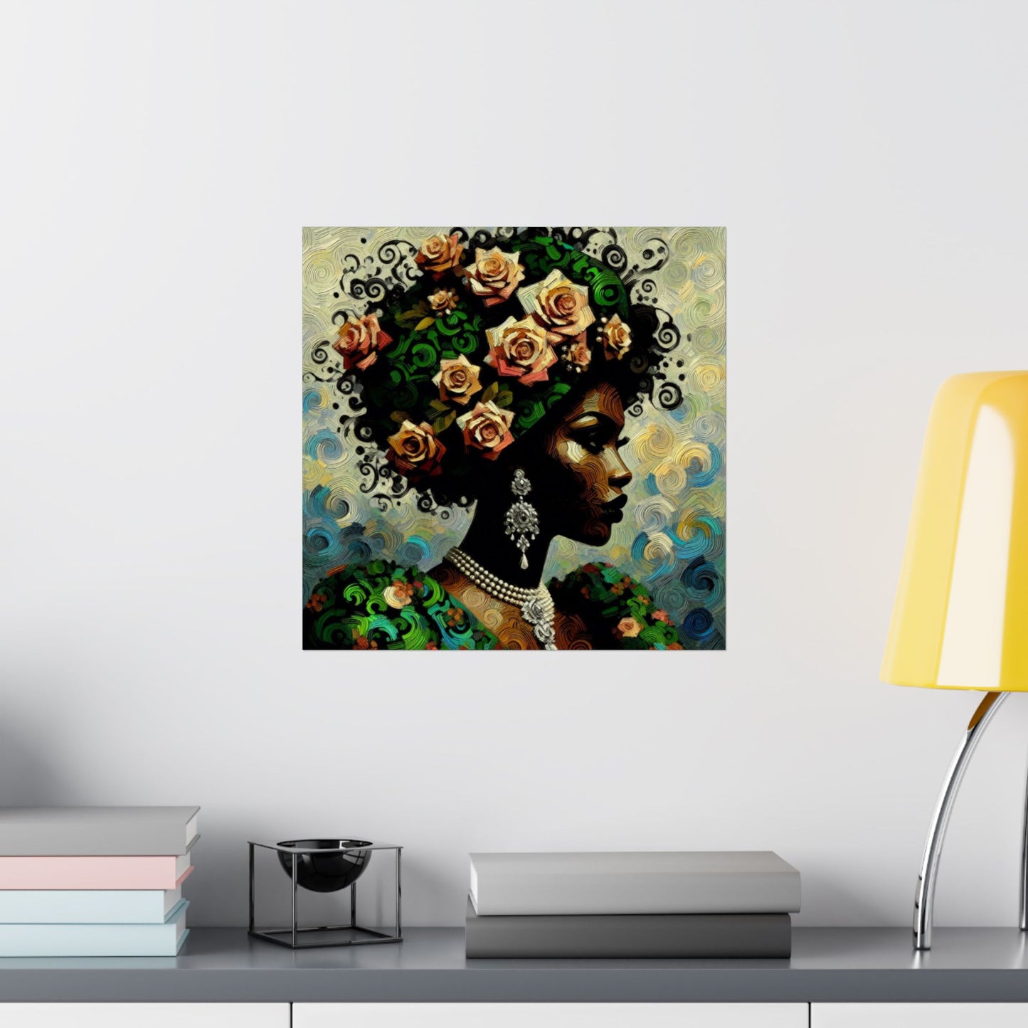 Floral Afro Art Poster - Elegant Matte Vertical Wall Decor - Lady In Green & Damask