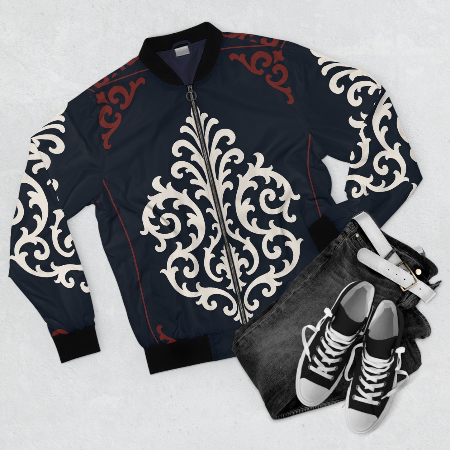 Dusk Blue & Maroon-White Baroque Bomber Jacket — Men's Ornate AOP Flight Jacket