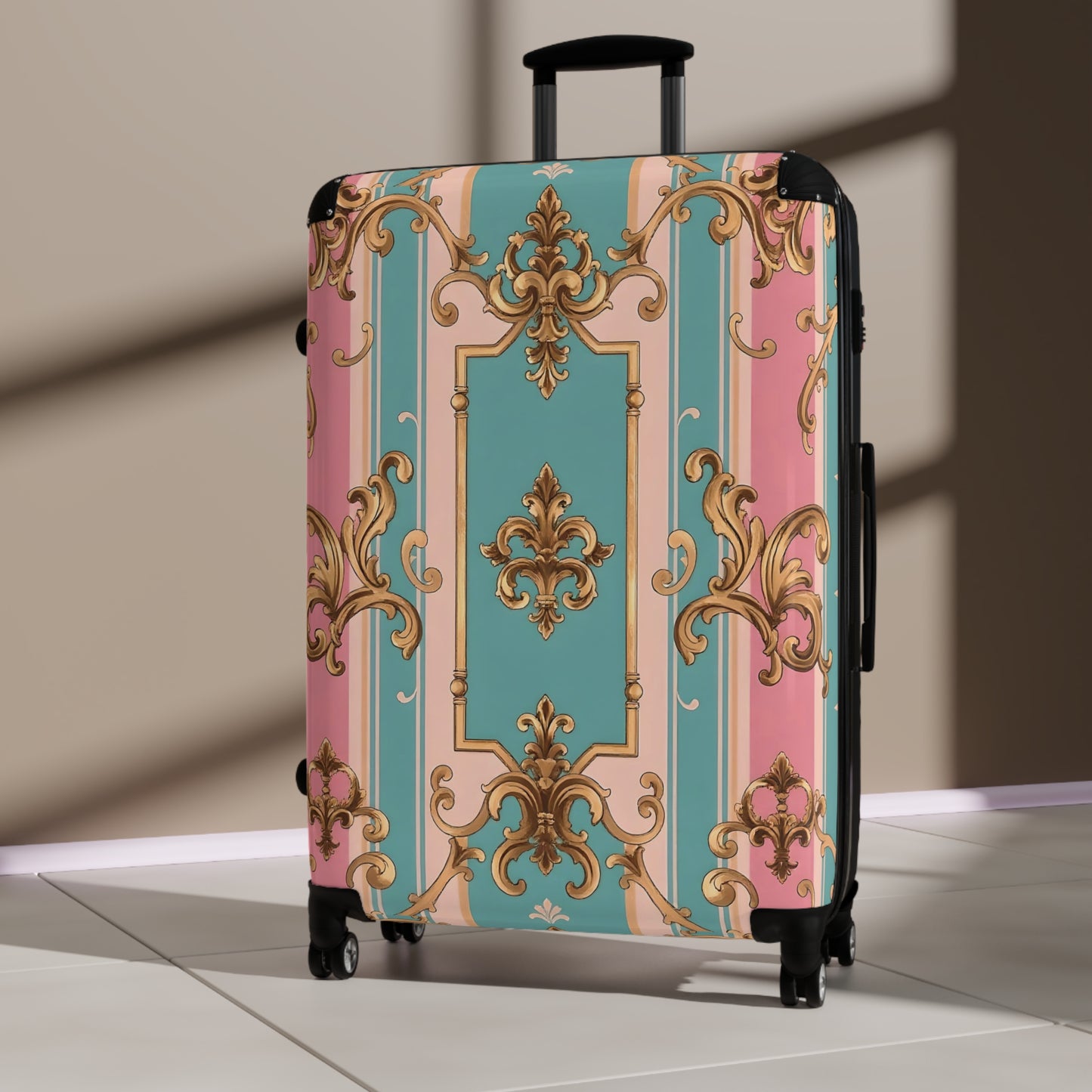 Chic Travel Suitcase - Stylish Carry-On Luggage for Jetsetters, Vacation Days, Weekend Getaways - Pink & Matte Turquoise Striped Rococo