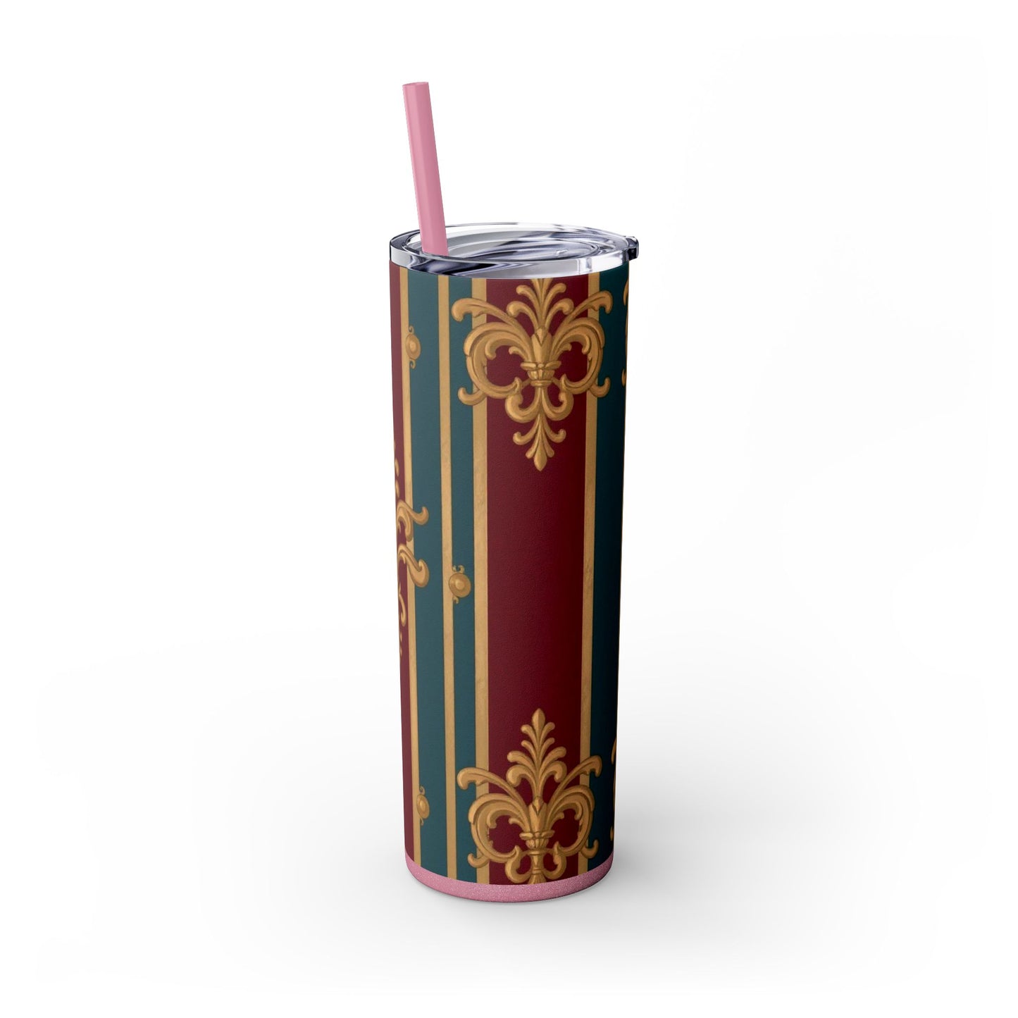 Elegant Vintage Skinny Tumbler with Straw, 20oz | Gold & Burgundy Design | Travel Mug, Gift for Her - Burgundy Striped Gold Baroque