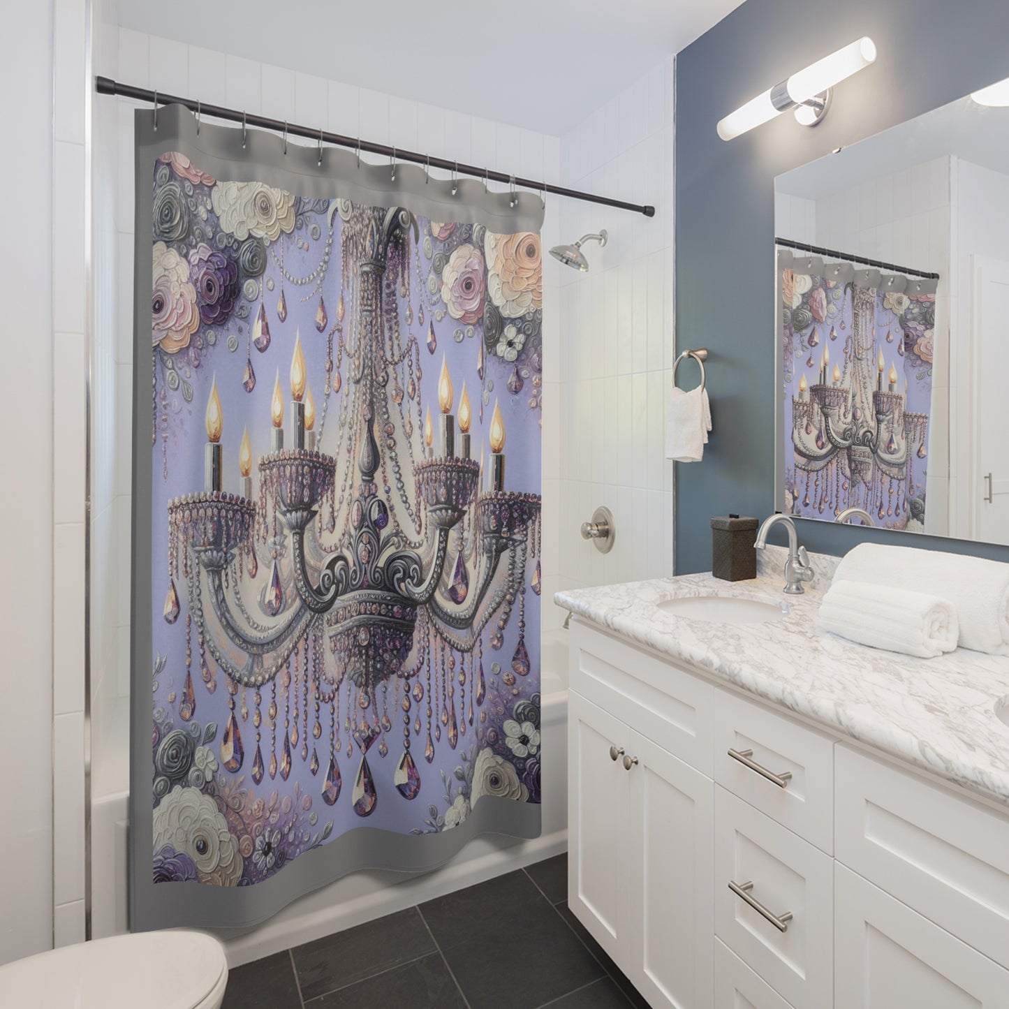 Elegant Chandelier Shower Curtain, Glam Decor, Bathroom Accessory, Home Style, Luxury Bathroom Decor - Lilac Jeweled Chandelier