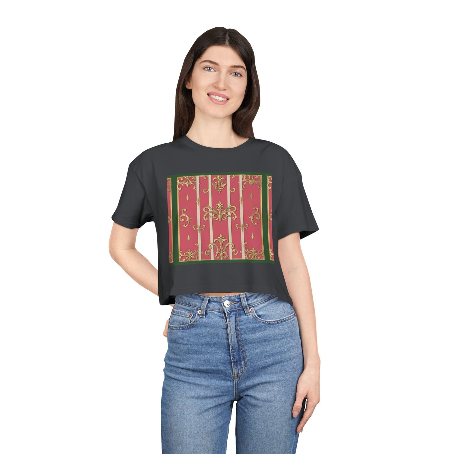 Chic Green Border Pink Striped Baroque Women's Crop Tee - Vintage Style Shirt for Casual Outings, Holidays, Gift Ideas, Spring Fashion, Trendy Top