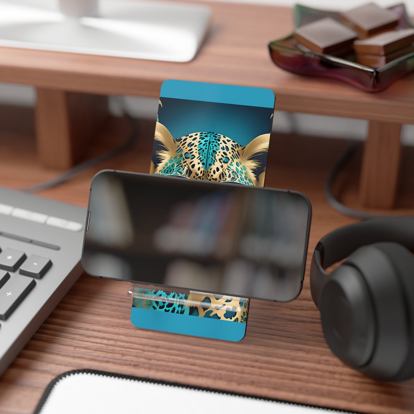 Elegant Floral Smartphone Display Stand - Aqua Leopard & Sunglasses - Decorative Mobile Holder